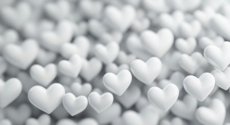 A variety of small white heart shapes are densely scattered across a soft, light-colored surface, creating a whimsical and romantic atmosphere, perfect for decoration or celebration.の素材