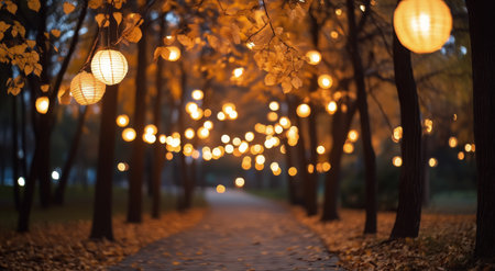 Golden autumn leaves blanket the ground as decorative lanterns illuminate a peaceful park pathway during twilight. The soft glow creates a serene atmosphere for evening strolls.の素材