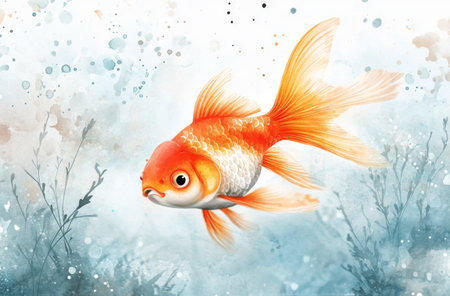 The goldfish glides through tranquil waters surrounded by delicate aquatic plants, creating an atmosphere of calm and beauty, depicted with gentle hues and detailed textures.の素材