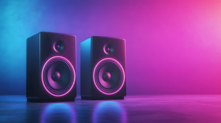 Two speakers stand on a surface, surrounded by colorful smoke in shades of pink and blue. The atmosphere suggests an energetic music event, creating a lively ambiance.の素材