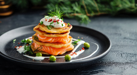 A stack of golden brown potato pancakes is expertly garnished with fresh herbs and a creamy topping. This dish is served on a black plate, creating a delightful presentation.の素材