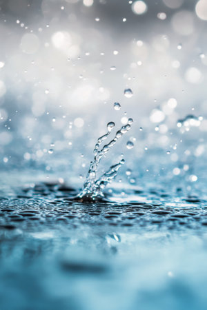 Water droplets gracefully splash upon a calm blue surface, creating ripples and shimmering reflections in the bright daylight, evoking a sense of tranquility and beauty in nature.の素材