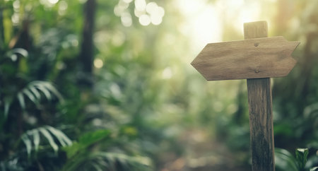 A weathered wooden signpost directs towards the right in a tranquil, mist-covered forest. Morning light filters through the trees, creating a serene atmosphere.の素材