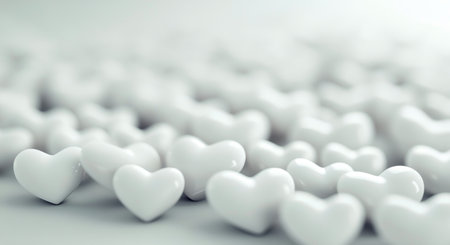 A variety of small white heart shapes are densely scattered across a soft, light-colored surface, creating a whimsical and romantic atmosphere, perfect for decoration or celebration.の素材
