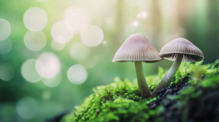 Three small mushrooms emerge from vibrant green moss in a tranquil forest. Soft sunlight filters through the trees, enhancing the peaceful atmosphere of this natural setting.の素材