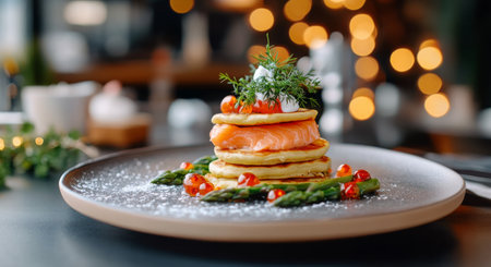 A stack of golden brown potato pancakes is expertly garnished with fresh herbs and a creamy topping. This dish is served on a black plate, creating a delightful presentation.の素材