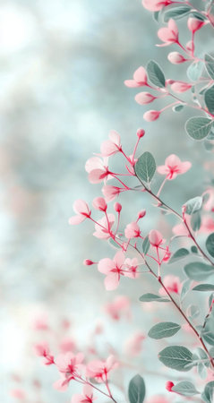 Colorful pink leaves and tiny buds stand out against a blurred background of soft bokeh lights, evoking a serene spring atmosphere. The natural beauty captivates with its gentle hues.の素材