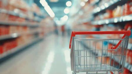 An empty shopping cart stands alone in a brightly lit supermarket aisle filled with various products. The cart is positioned towards the center, inviting shoppers to fill it.の素材