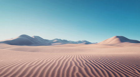 The endless expanse of golden sand dunes stretches out under a bright blue sky. Gentle ridges and valleys create a serene atmosphere in this quiet desert environment.の素材