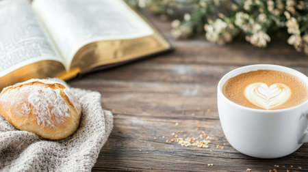 A warm cup of coffee with latte art sits beside an open book and a fresh bread roll on a rustic wooden table, creating a cozy and inviting atmosphere for a relaxing moment.の素材