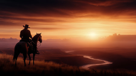 A cowboy sits on horseback, silhouetted against a vibrant sunset. The glowing sky casts warm colors over a river flowing through the serene landscape, creating a peaceful atmosphere.の素材