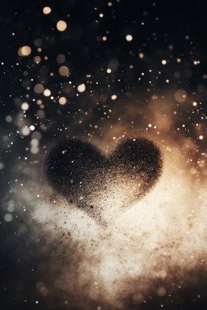 A vibrant heart shape is created with sparkles against a dark backdrop filled with subtle glimmering effects, evoking a feeling of warmth and affection.の素材