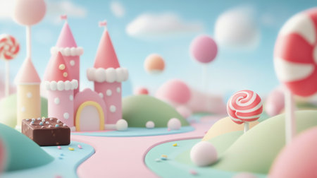 Bright pastel colors create a delightful landscape featuring a whimsical castle, trees, and oversized candy shapes, evoking a fairytale atmosphere perfect for childrens imagination and storytelling.の素材