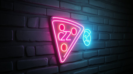 A vibrant neon sign featuring a slice of pizza and a fork illuminates a dark brick wall, creating an inviting atmosphere in an urban environment during nighttime.の素材