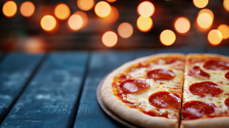 A vibrant neon sign featuring a slice of pizza and a fork illuminates a dark brick wall, creating an inviting atmosphere in an urban environment during nighttime.の素材