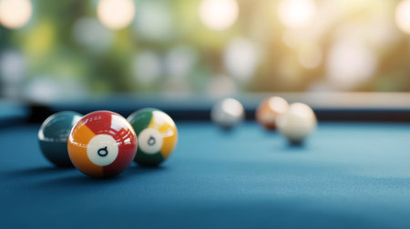 A set of vibrant billiard balls rests on a green felt pool table, with a soft-focus outdoor background illuminated by sunlight. The scene captures a leisurely moment in a relaxed setting.の素材
