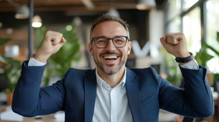 A smiling businessman with glasses raises his arms in celebration inside a vibrant, well-lit office. Lush plants surround him, creating a positive atmosphere of achievement and joy.の素材