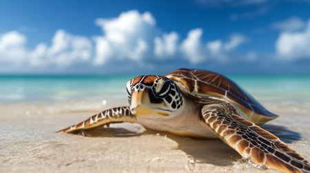 A sea turtle basks on the warm sand, with gentle waves lapping at the shore and a bright blue sky overhead. The serene environment highlights the turtle's natural habitat.の素材