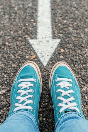 A person stands on a textured asphalt surface, showing bright blue sneakers. Below, a large white arrow points forward, indicating direction and movement.の素材