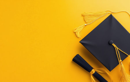 A black graduation cap featuring a bright yellow tassel sits against a striking yellow background, symbolizing academic achievement and celebration.の素材