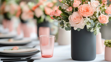 The table is beautifully arranged with elegant dishware, silverware, and a lush floral centerpiece featuring soft pink and white blooms, perfect for a spring event or family gathering.の素材
