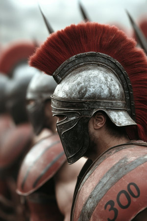 A group of Spartan warriors stands in formation, wearing distinctive helmets and armor, ready for battle. The misty atmosphere adds to the dramatic tension of the historical setting.の素材