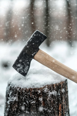 A simple axle leans against a snowy log, surrounded by falling snowflakes, creating a serene winter atmosphere in the woods.の素材