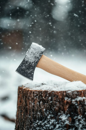 A simple axle leans against a snowy log, surrounded by falling snowflakes, creating a serene winter atmosphere in the woods.の素材