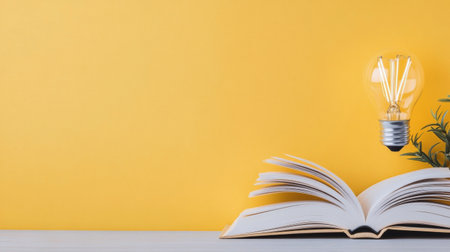 An open book rests on a table beside a lightbulb, symbolizing creativity and the flow of ideas against a cheerful yellow backdrop, inviting inspiration and reflection.の素材