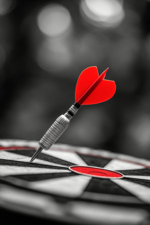 The dartboard features a well-aimed red dart firmly lodged in the bullseye, symbolizing precision and focus during a thrilling game.の素材