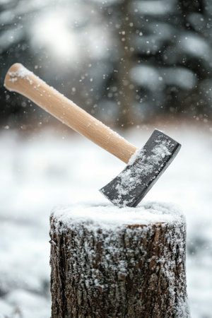 A simple axle leans against a snowy log, surrounded by falling snowflakes, creating a serene winter atmosphere in the woods.の素材
