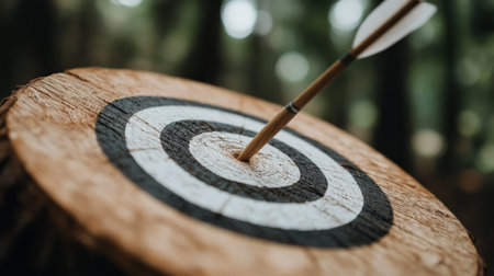 An arrow is embedded in a wooden target placed on a rustic log in a tranquil forest setting during sunset. Soft sunlight filters through the trees, enhancing the peaceful atmosphere.の素材