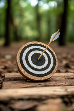 An arrow has successfully hit a wooden target with concentric black and white circles, surrounded by trees in a peaceful forest setting on a bright afternoon.の素材