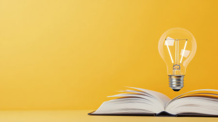 An open book rests on a table beside a lightbulb, symbolizing creativity and the flow of ideas against a cheerful yellow backdrop, inviting inspiration and reflection.の素材