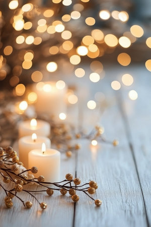 Softly lit candles rest on a wooden surface, surrounded by delicate branches and fairy lights, setting a warm and serene atmosphere for a winter gathering.の素材