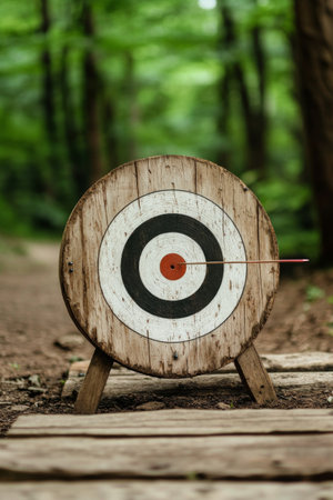 An arrow has successfully hit a wooden target with concentric black and white circles, surrounded by trees in a peaceful forest setting on a bright afternoon.の素材