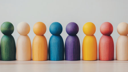 A variety of wooden figures in different colors line up against a neutral background, symbolizing unity and diversity. Each figure represents individual uniqueness within a collective.の素材