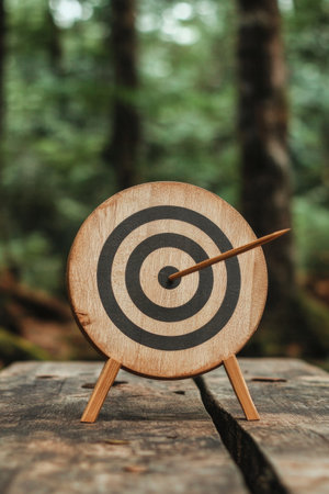 An arrow has successfully hit a wooden target with concentric black and white circles, surrounded by trees in a peaceful forest setting on a bright afternoon.の素材