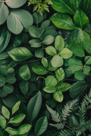 Various types of green leaves are layered together, displaying different shapes and textures under soft natural light, creating a vibrant and harmonious composition of nature.の素材