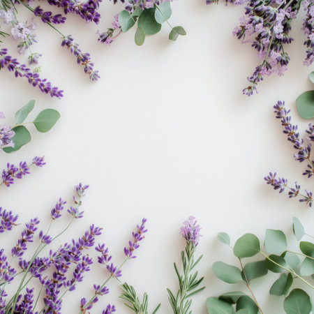 Delicate purple flowers and fragrant greenery are artistically arranged around a light surface, creating a serene and calming display perfect for floral designs or crafts.の素材