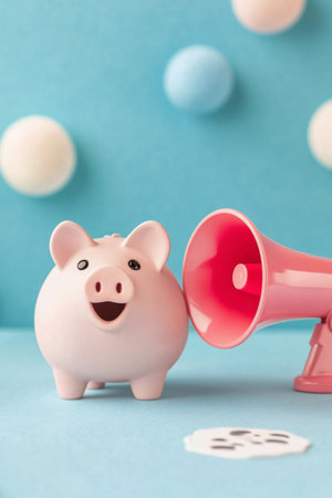 A cute piggy bank is smiling next to a pink toy megaphone, creating a fun atmosphere with colorful balls in the background, perfect for a joyful display in a childs room.の素材