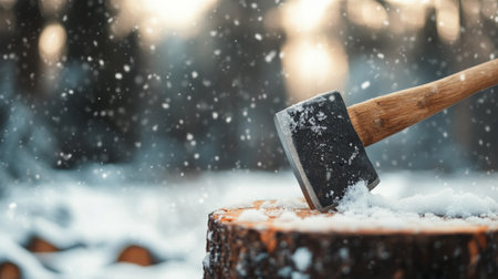 An ax is stuck in a log covered with fresh snow, surrounded by a tranquil winter scene with falling snowflakes. The peaceful atmosphere highlights the beauty of the cold season.の素材