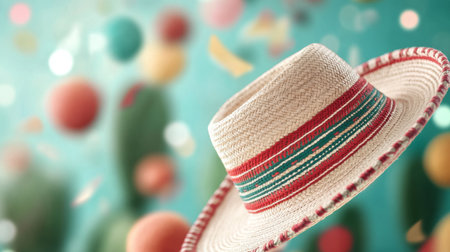 A traditional straw sombrero is suspended in mid-air, surrounded by colorful decorations and cacti, evoking a joyful celebration atmosphere. The background hints at a lively event.の素材