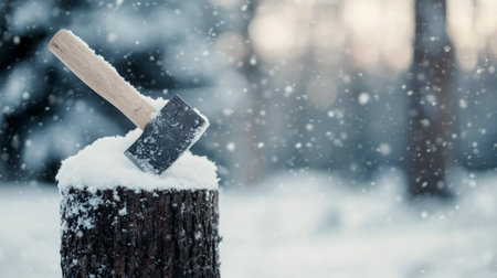 An ax is stuck in a log covered with fresh snow, surrounded by a tranquil winter scene with falling snowflakes. The peaceful atmosphere highlights the beauty of the cold season.の素材