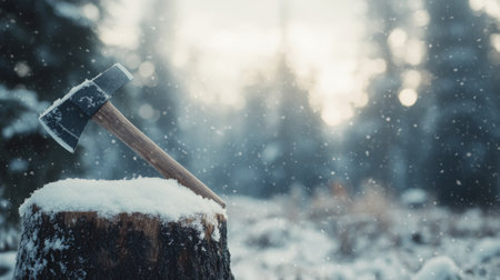 An ax is stuck in a log covered with fresh snow, surrounded by a tranquil winter scene with falling snowflakes. The peaceful atmosphere highlights the beauty of the cold season.の素材
