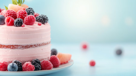 A delectable layered cake features a creamy pink frosting adorned with fresh blueberries, raspberries, and red currants. The vibrant colors create an inviting and festive appearance.の素材