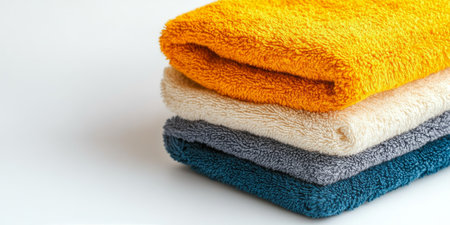 A colorful assortment of towels is stacked neatly, showing various hues ranging from red to yellow, suggesting a sense of cleanliness and order in a bathroom or linen closet.の素材