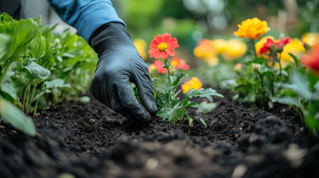 A person wearing gloves delicately plants colorful flowers in rich soil, surrounded by healthy green leaves. The bright blooms enhance the beauty of the garden in full springtime splendor.の素材