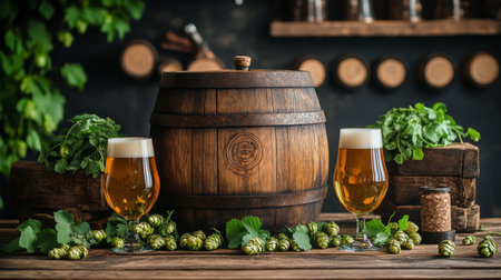Two cold mugs of golden beer sit on a wooden plank next to a barrel, surrounded by fresh green hop cones and mint leaves, creating a cozy, inviting atmosphere perfect for a gathering or celebration.の素材