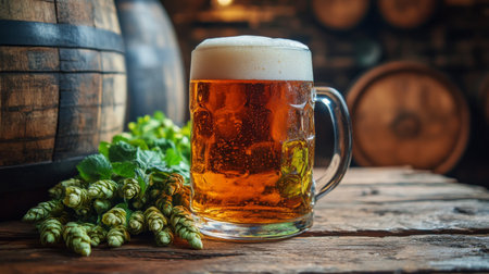 A frosty mug filled with golden craft beer sits on a rustic wooden table, surrounded by fresh hops and grains. The inviting blend of colors enhances the atmosphere, creating a warm and welcoming setting for brewing enthusiasts.の素材
